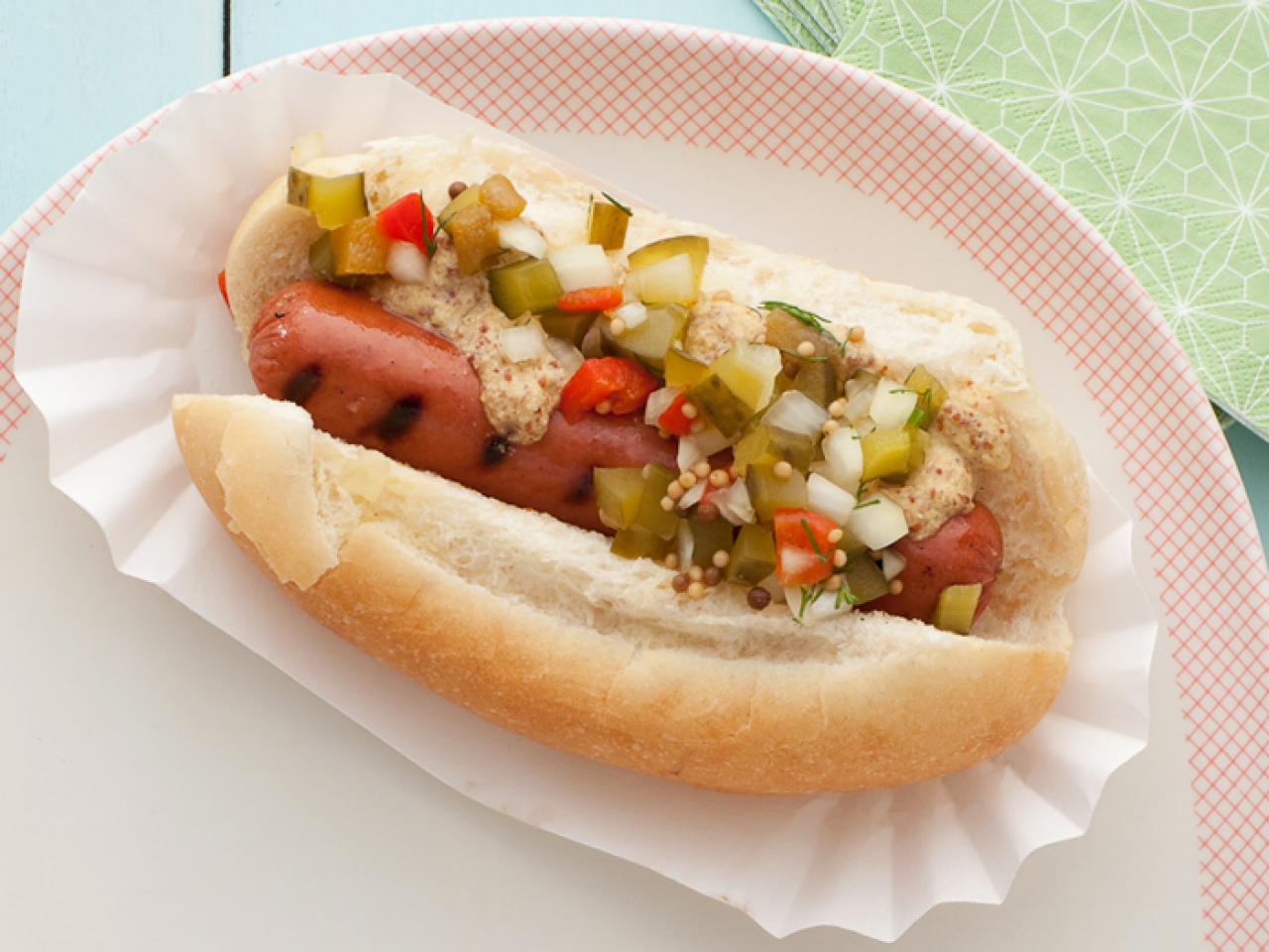Cheesy Hot Dogs with Pickle-Pepper Relish Recipe