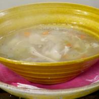 Chicken noodle soup with carrots and celery.