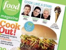 A FNM cover with a taco burger as the cover image and images of Bobby Flay, Emeril Lagasse and Guy Fieri at the top