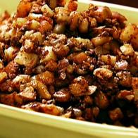 Sauteed Potatoes with Chorizo in a yellow baking dish