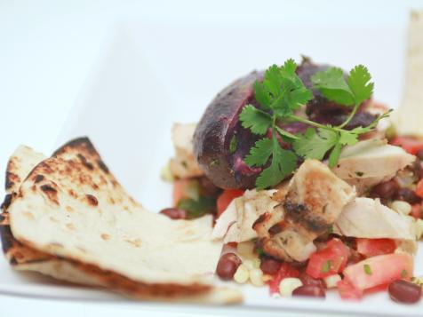 Mojo Marinated Chicken with Grilled Purple Potatoes and Charred Corn and Black Bean Salsa with Grilled Flour Tortilla