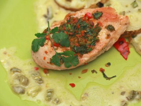 Crispy Chicken with Jalapeno Beurre Blanc and Spicy Poblano Pepper Puree