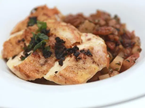 Pan Roasted Chicken Breast with Pecan and Potato Hash and Spicy Brown Butter Sauce Recipe | Tom Pizz