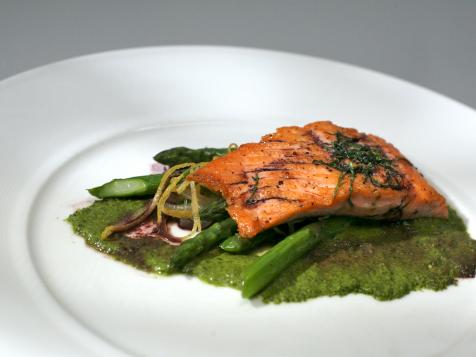 Pan Seared Salmon with Asparagus Lemon Salad, Red Wine Reduction and Watercress Puree