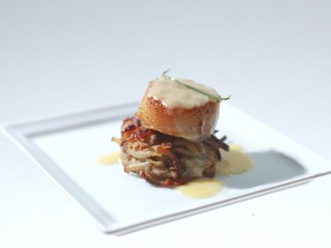 Spiced Seared Scallops with Potato-Pear Pancake and Champagne Beurre Blanc