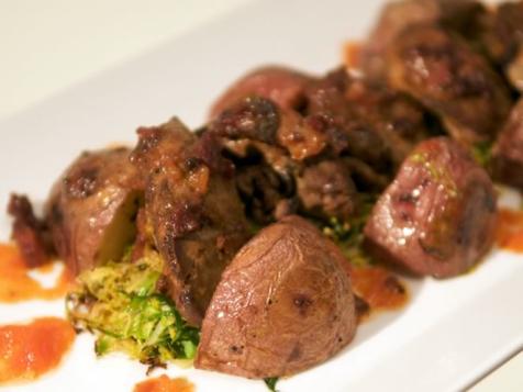 Citrus Marmalade-Glazed Chicken Livers with Roasted Potatoes and Crispy Brussels Sprouts