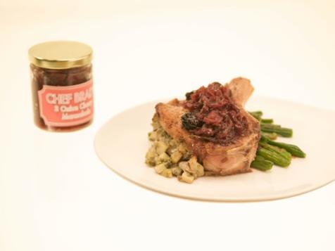 Stuffed Pork Chop with Three-Onion Cherry Jam and Buttered Green Beans