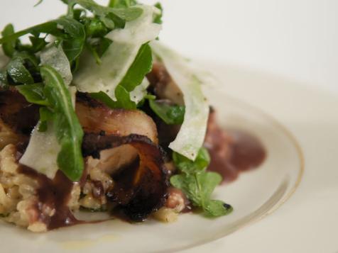 Crispy Bacon-Wrapped Chicken with Three Cheese Creamy Risotto and Arugula Fennel Salad