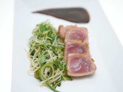 Rice Krispiesandtrade; Tuna with Cucumber Salad and Hoisin-Lime Sauce