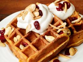 Pumpkin Waffles With Trail-Mix Topping