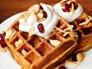 pumpkin waffles with trail mix topping and cream