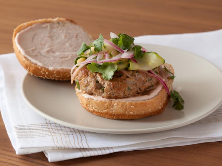 Hoisin Turkey Burgers with Quick Pickles and Chili Garlic Yogurt Recipe Food Network Kitchen