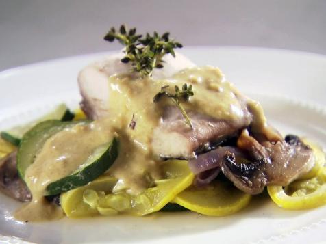 Steamed Mahi Mahi with Vegetables and Garlic Mustard Sauce