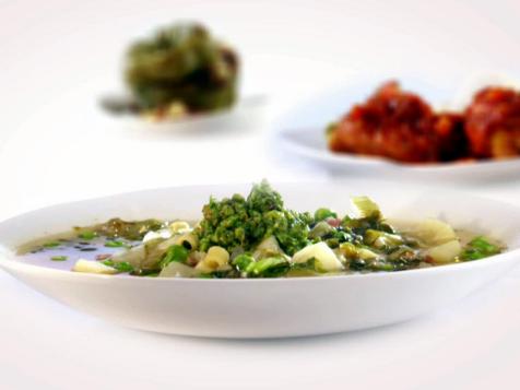 Peas and Potato Soup with Tarragon Pesto