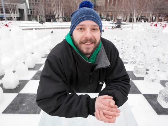 GRAND RAPIDS , MICHIGAN, JANUARY 11, 2011 :  DEREK "FOLTZ" standing on the giant ice-chessboard. ICE BRIGADE follows former chef Randy Finch and his team of renegade ice artists as they blow the lid off ice sculpting by creating original, unique designs that defy the imagination. (Photo by Jean-Marc Giboux/ Getty Images for Food network)