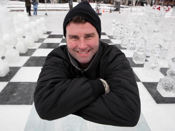 GRAND RAPIDS , MICHIGAN, JANUARY 11, 2011 :  DEREK MAXFIELD standing on the giant ice-chessboard. ICE BRIGADE follows former chef Randy Finch and his team of renegade ice artists as they blow the lid off ice sculpting by creating original, unique designs that defy the imagination. (Photo by Jean-Marc Giboux/ Getty Images for Food network)