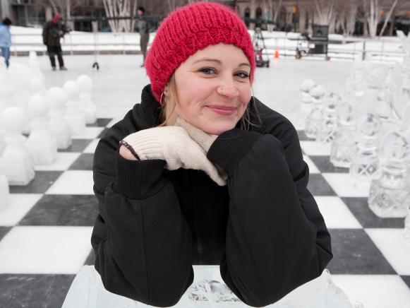 GRAND RAPIDS , MICHIGAN, JANUARY 11, 2011 :  JOVANNAH NICHOLSON standing on the giant ice-chessboard. ICE BRIGADE follows former chef Randy Finch and his team of renegade ice artists as they blow the lid off ice sculpting by creating original, unique designs that defy the imagination. (Photo by Jean-Marc Giboux/ Getty Images for Food network)