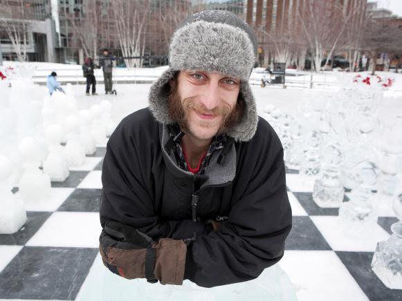 GRAND RAPIDS , MICHIGAN, JANUARY 11, 2011 :  SHAWN "CHOPS" WINNELL standing on the giant ice-chessboard. ICE BRIGADE follows former chef Randy Finch and his team of renegade ice artists as they blow the lid off ice sculpting by creating original, unique designs that defy the imagination. (Photo by Jean-Marc Giboux/ Getty Images for Food network)