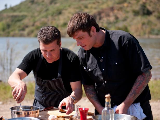 Rival-Chef Michael Chiarello and Rival-Chef Chuck Hughes cooking as a team in Episode 1 Chairman's Challenge "Heat and Meat" as seen on Food Network Next Iron Chef Season 4.