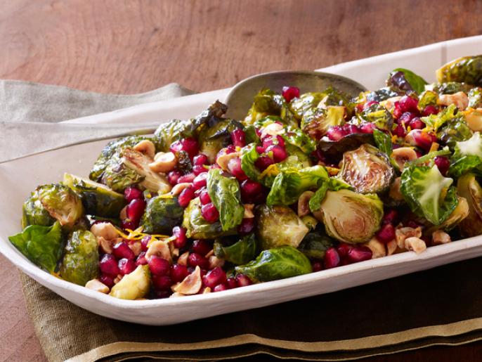 Roasted Brussels Sprouts With Pomegranate And Hazelnuts Recipe Bobby Flay Food Network