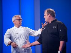 Rival-Chef Geoffrey Zakarian revealed safe and Rival-Chef Beau MacMillan Eliminated in Judgement for the Secret Ingredient "Coconut" Showdown in Episode 4 as seen on Food Network Next Iron Chef Season 4.