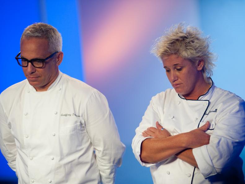Rival-Chef Geoffrey Zakarian and Rival-Chef Anne Burrell in the bottom two in Judgement for Episode 6 Chairman's Challenge "Risk" as seen on Food Network Next Iron Chef Season 4.