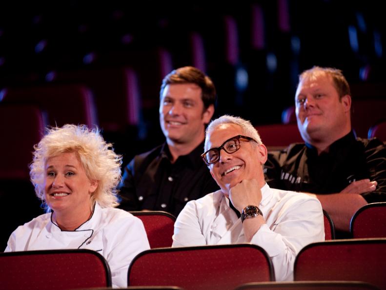 Rival-Chef Geoffrey Zakarian, Rival-Chef Anne Burrell, Rival-Chef Chuck Hughes and Rival-Chef Beau MacMillan at the reveal of the Chairman's Challenge "Movie Snacks" in Episode 3 as seen on Food Network Next Iron Chef Season 4.