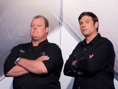 Rival-Chef Beau MacMillan and Rival-Chef Chuck Hughes in a head-to-head battle for the Secret Ingredient "Tofu" Showdown in Episode 3 as seen on Food Network Next Iron Chef Season 4.