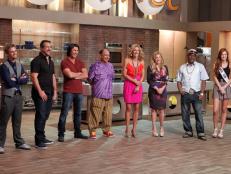 (L-R) Contestants Aaron Carter, Joey Fantone, Lou Diamond Phillips, Cheech Marin, Summer Sanders, Taylor Dayne, Coolio and Alyssa Campanella meet Hosts Rachael Ray and Guy Fieri (not shown) and receive their first challenge as seen on Episode 1 of Food Network's Rachael Vs. Guy Season 1