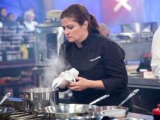 Former Rival-Chef Alex Guarnaschelli assisting both Rival-Chef Geoffrey Zakarian and Rival-Chef Elizabeth Falkner in their head-to-head battle in Episode 8 Finale Battle "Holiday Extravaganza" as seen on Food Network Next Iron Chef Season 4.