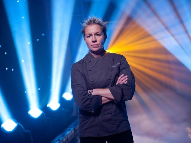 Rival-Chef Elizabeth Falkner entering Kitchen Stadium for her head-to-head battle against Rival-Chef Geoffrey Zakarian in Episode 8 Finale Battle "Holiday Extravaganza" as seen on Food Network Next Iron Chef Season 4.
