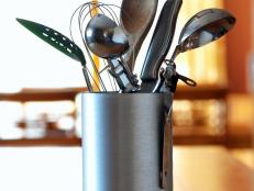close-up of stainless steel kitchen utensils