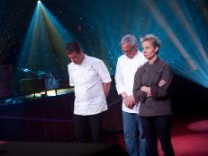 Rival-Chef Michael Chiarello and Rival-Chef Elizabeth Falkner before Judges to find out who joins Rival-Chef Geoffrey Zakarian in the Finale Battle in Episode 7 Secret Ingredient "Keebler Town House Crackers & Wine" Showdown as seen on Food Network Next Iron Chef Season 4.