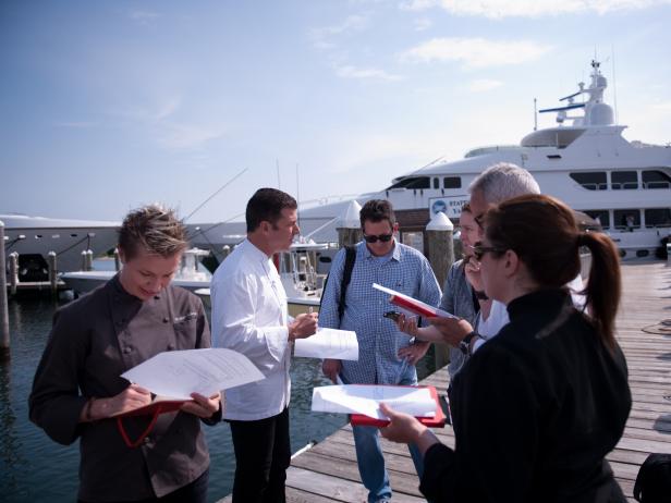 Rival-Chef Elizabeth Falkner, Rival-Chef Michael Chiarello, Rival-Chef Geoffrey Zakarian and Rival-Chef Alex Guarnaschelli getting ready to go shopping for ingredients in Episode 7 Chairman's Challenge "Passion" as seen on Food Network Next Iron Chef Season 4.