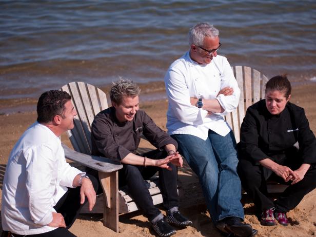 Rival-Chef Michael Chiarello, Rival-Chef Elizabeth Falkner, Rival-Chef Geoffrey Zakarian and Rival-Chef Alex Guarnaschelli relaxing on the beach while waiting for the Judges to deliberate in Episode 7 Chairman's Challenge "Passion" as seen on Food Network Next Iron Chef Season 4.