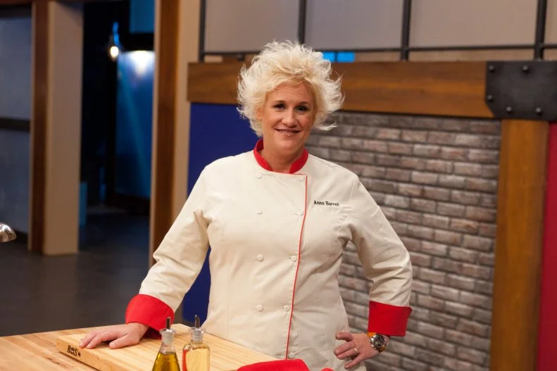 Worst Cooks In America: Red Team Leader Chef Anne Burrell with her recipe for Pumpkin Orange Pancakes with Vanilla Whipped Cream and Cinnamon Maple Syrup and Thick Cut Bacon for the "Back to Basics Breakfast Challenge" as seen on Food Network's Worst Cooks in America, Season 3.