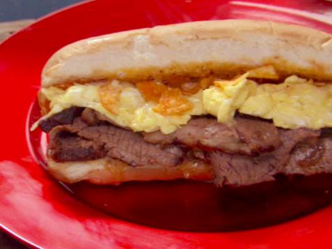 Beef Brisket Grinder with 3 Peppercorn Glaze, Steak Sauce Mayo, and Cheddar-Scrambled Eggs