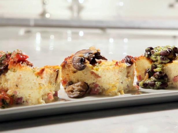 Savory Breakfast Casserole with a Trio of Toppings: Mushroom and Onion Jam, Tomato and Pesto and Avocado Black Bean Salsa