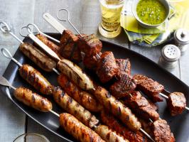 Beef and Sausage Kebabs with Garlicky Herb Sauce