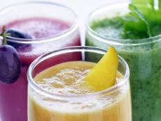 selection of fresh  fruit and vegetables smoothies