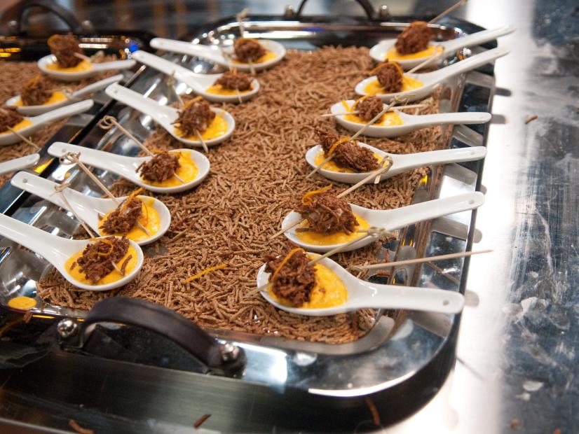 FNS7 Episode 4 Finalist Jeff Mauro's "All-Bran Cereal" Dish Beauty for Kellogg's Camera Challenge.  Ingredients:  Carrot Ginger Soup w/ All-Bran Cereal Crusted Pork Tenderloin Crouton topped w/ Candied Orange Zest.