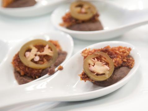 Crispy Fried Kellogg's® Crispix® Ham with Black Bean Puree and Pickled Jalapenos