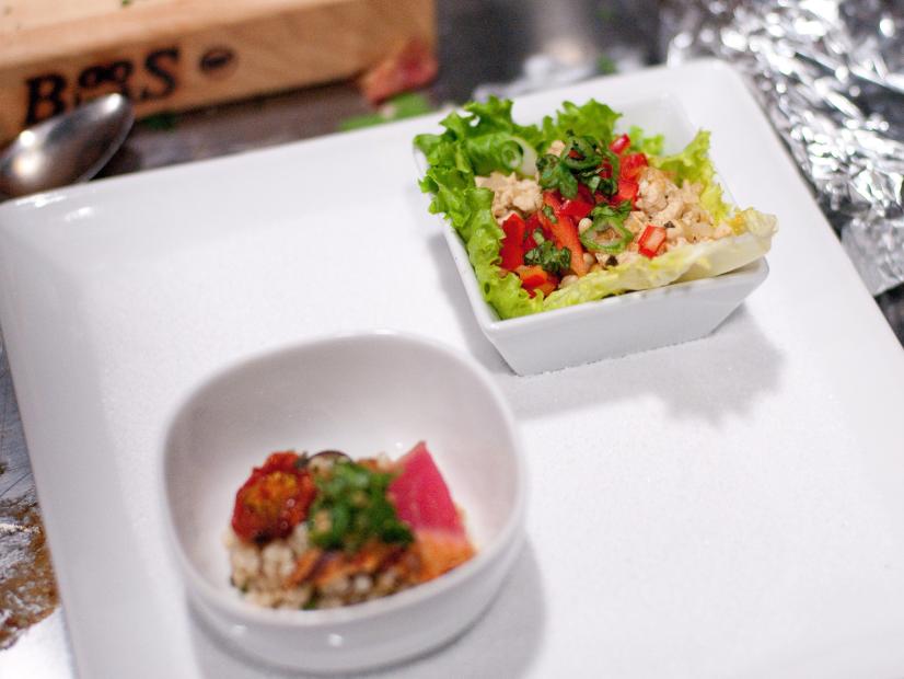 FNS7 Episode 4 Finalist Justin Balmes' "Smoked Paprika Seared Tuna w/ Rustic Pesto, Olive and Herb Couscous" and Jeff Mauro's "Thai Basil Tofu Lettuce Cups" Dish Beauty for "Cougar Town" Star Challenge.