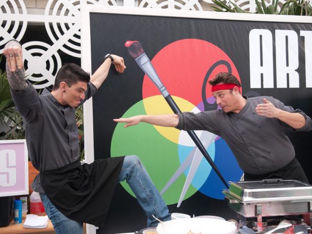 FNS7 Episode 4 Finalists Justin Balmes and Jeff Mauro of "Team ART" goofing off at "Cougar Town" Star Challenge.