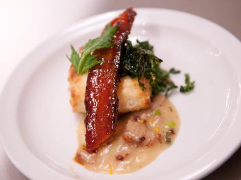 "Biscuits and Gravy" - Orange-Ginger Biscuits with Scallion-Pork Sausage Gravy, Sesame Mustard Greens and Soy-Glazed Bacon