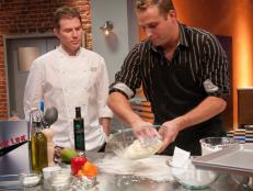 FNS7 Episode 7 Bobby Flay of Selection Committee checking in on Finalist Chris Nirschel cooking for Camera Challenge.