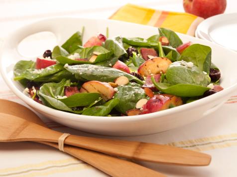 Spinach Cherry Almond Salad with Bacon and Peaches