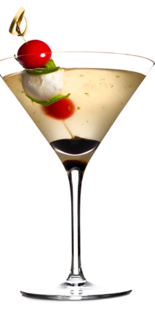 Finally a use for the giant martini glass you thought was such a great  idea! Caprese skewers!
