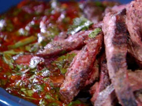 Grilled Skirt Steak with Green and Smokey Red Chimichurri