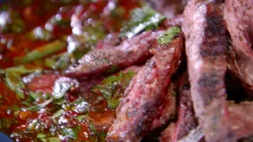 Grilled Skirt Steak with Green and Smokey Red Chimichurri